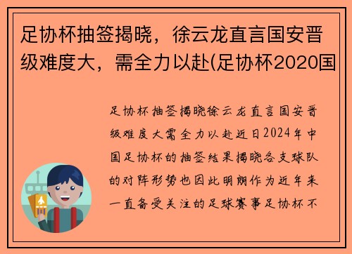 足协杯抽签揭晓，徐云龙直言国安晋级难度大，需全力以赴(足协杯2020国安)