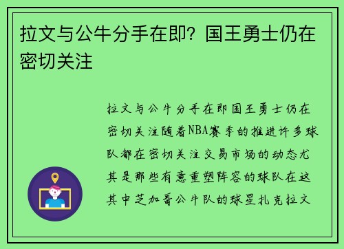 拉文与公牛分手在即？国王勇士仍在密切关注