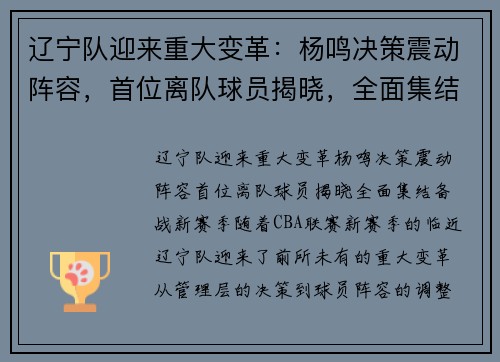 辽宁队迎来重大变革：杨鸣决策震动阵容，首位离队球员揭晓，全面集结备战新赛季