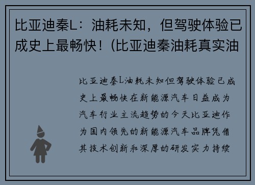 比亚迪秦L：油耗未知，但驾驶体验已成史上最畅快！(比亚迪秦油耗真实油耗报告)