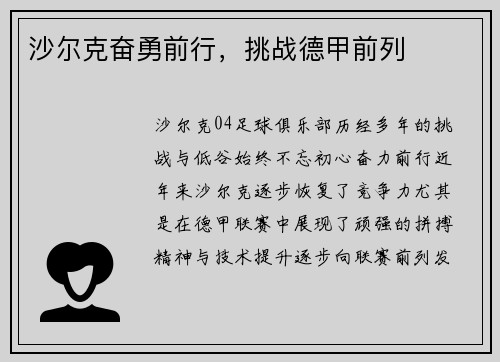沙尔克奋勇前行，挑战德甲前列