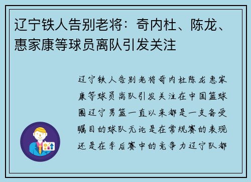 辽宁铁人告别老将：奇内杜、陈龙、惠家康等球员离队引发关注