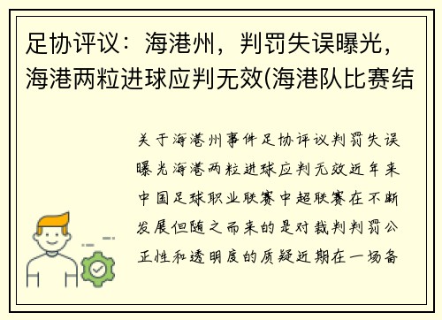 足协评议：海港州，判罚失误曝光，海港两粒进球应判无效(海港队比赛结果)