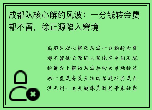 成都队核心解约风波：一分钱转会费都不留，徐正源陷入窘境