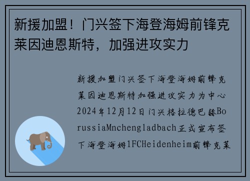 新援加盟！门兴签下海登海姆前锋克莱因迪恩斯特，加强进攻实力
